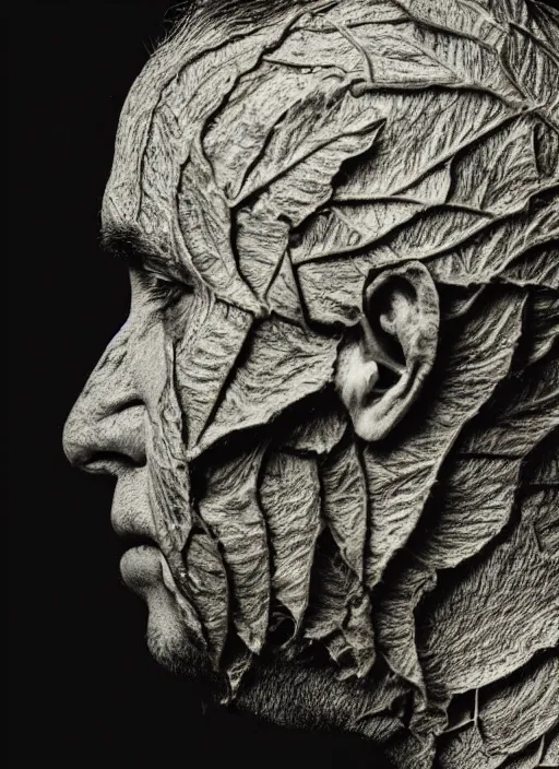 Image similar to a man's face in profile, made of leaf skeleton, in the style of the dutch masters and gregory crewdson, dark and moody