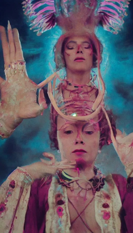 Image similar to movie still by alejandro jodorowsky, portrait of a multicultural beautiful female shamanic cult magician, performing a ritual to manifest dreams, magic details, cinestill 8 0 0 t eastmancolor technicolor, high quality, very detailed, heavy grain, fine facial features, 8 k, octane render