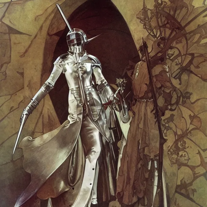 Image similar to teutonic knight, full body, high fashion, latex, rubber, sharp, flowing, slick, highly detailed, motion, concept art, smooth, sharp focus, hd, art by alphonse mucha and bruce pennington and annie leibovitz