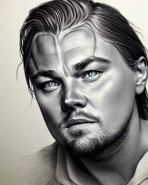 Image similar to hyper realistic pencil drawing of leonardo dicaprio, high detail portrait, photorealistic