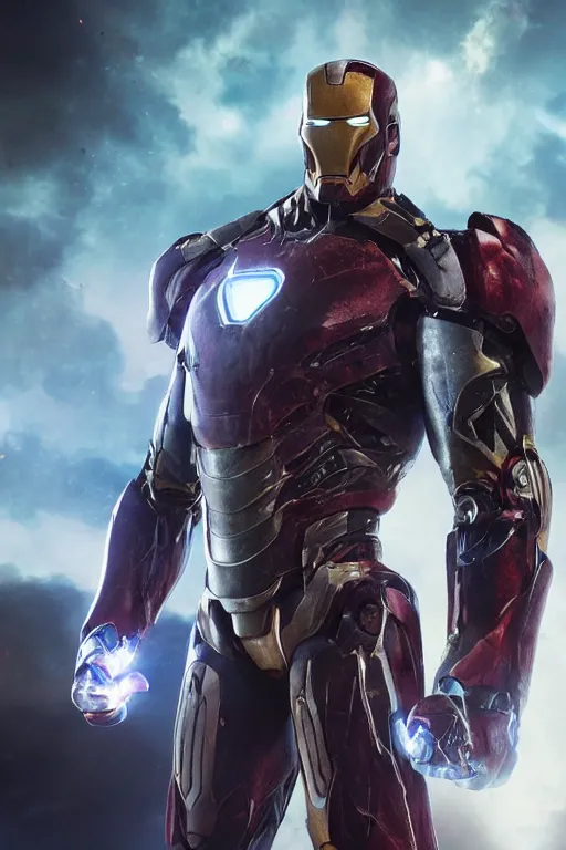 Image similar to thanos in a damaged and broken iron man suit, cinematic, volumetric lighting, f 8 aperture, cinematic eastman 5 3 8 4 film, photorealistic