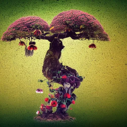 Image similar to A picture of a planet of various flowers, fungus and plants, Bonsai , in which the human figure is dressed in something magical and impressive, inside the picture is infinity, muted light, BotanicalAtmospheric phenomenon, artistic photography, muted colors, conceptual, Kodachrome