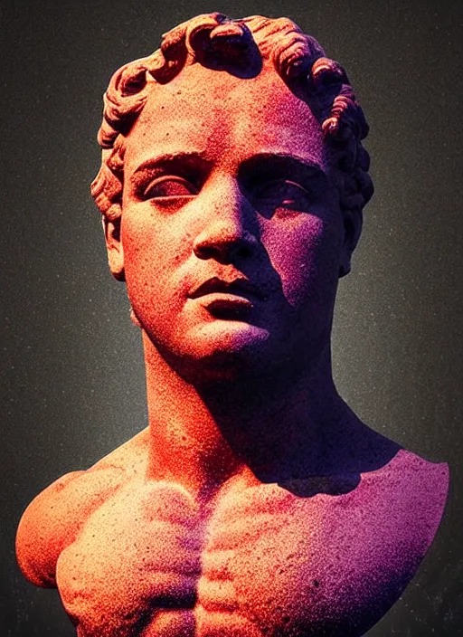 Prompt: statue of hercules, beeple, vaporwave, retrowave, tonal separation, black background, neon, black, glitch, pixel sorting, strong contrast, pinterest, trending on artstation