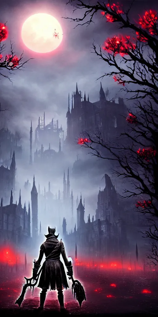 Prompt: abandoned bloodborne old valley with a person at the centre and a ruined gothic city at the emd, trees and stars in the background, phantoms in the sky, falling red petals, epic red - orange moonlight, perfect lightning, wallpaper illustration by niko delort and kentaro miura, 4 k, ultra realistic