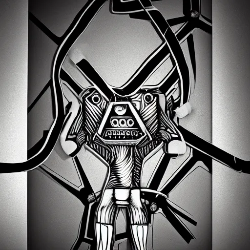 Image similar to !dream darksynth, techno mutant standing in a constructivist room with blank walls connected by wires and cords to a toad's head, Hand Screen Printed, by Jason Galea, by H.R. Giger, rendered in blender, ultra realistic, smooth shading, ultra detailed, high resolution, cinematic