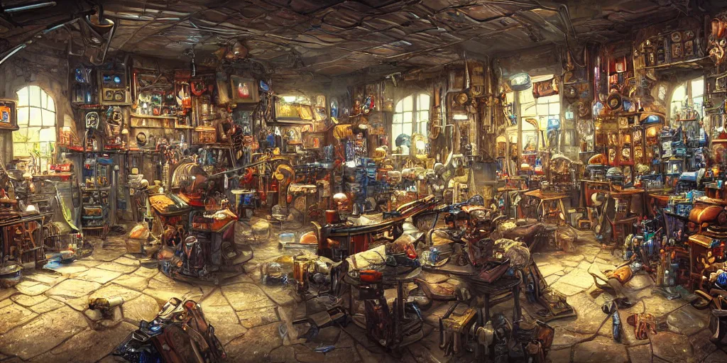 Image similar to Inside an old Weapon Shop, fantasy vendor interior, wide angle, highly detailed, rich bright colors, trending on artstation