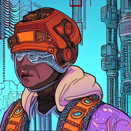 Image similar to detailed illustration in the style of josan gonzalez of a close up of a smiling young explorer wearing a cyberpunk headpiece, highly detailed, intricate details, 8k wallpaper