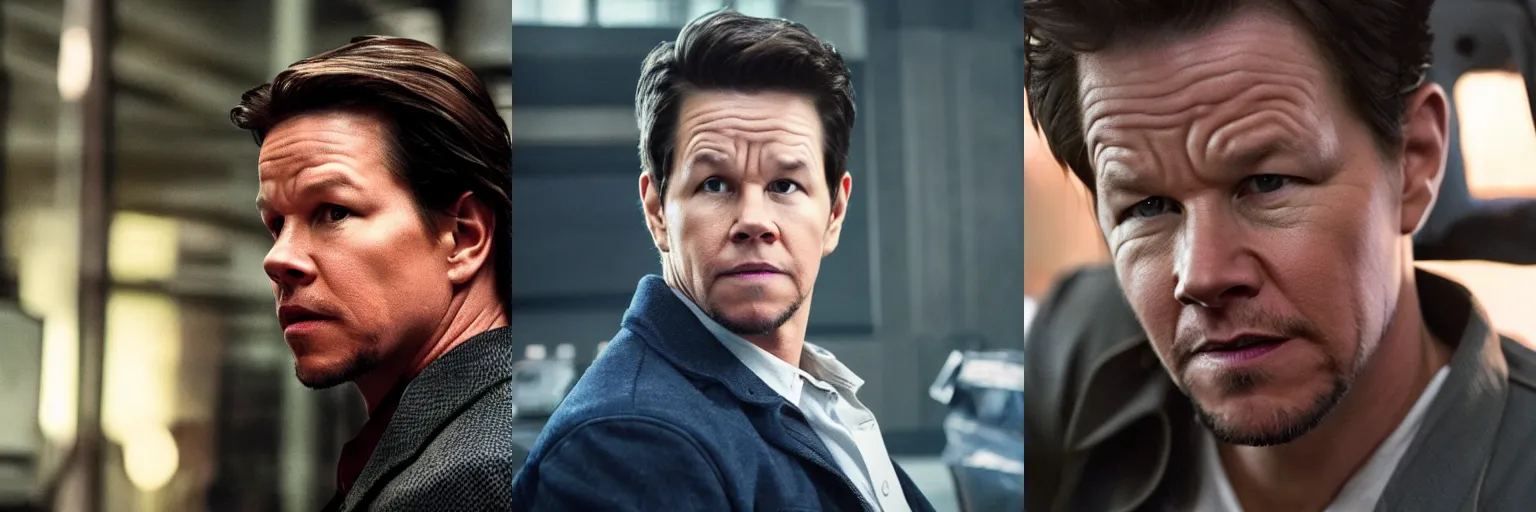 Prompt: close-up of Mark Wahlberg as a detective in a movie directed by Christopher Nolan, movie still frame, promotional image, imax 70 mm footage