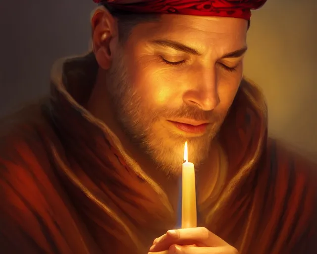 Image similar to a mind - blowing portrait of a fortune seeker male, holding a candle, wearing a sleeping cap, joyful, d & d, fantasy, intricate, elegant, highly detailed, digital painting, artstation, concept art, matte, sharp, illustration, hearthstone, art by artgerm and greg rutkowski and alphonse mucha