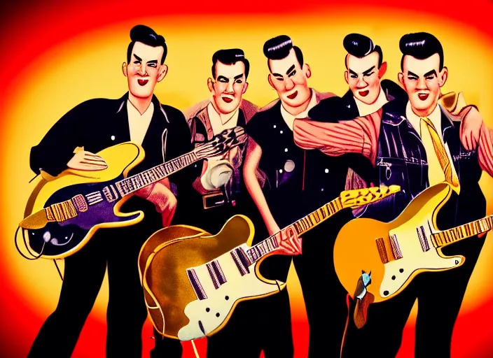 Image similar to rockabilly band 1950s, high detail, golden hour, 8K, by hanna barbera