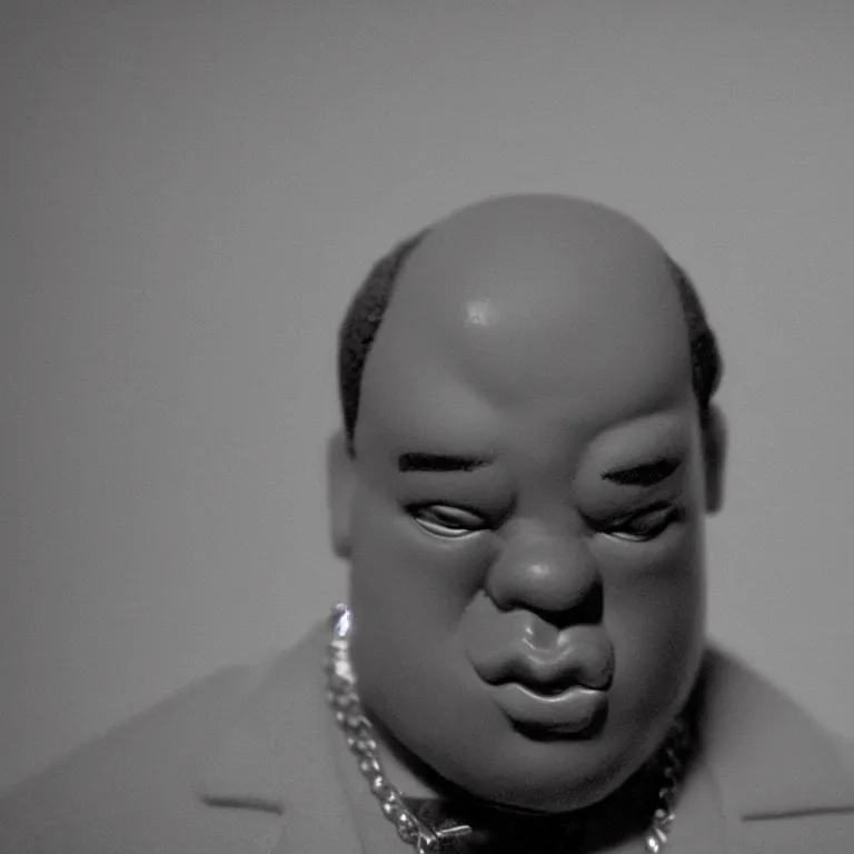 Image similar to a cinematic film still of a claymation stop motion film starring biggie smalls, portrait, shallow depth of field, 8 0 mm, f 1. 8