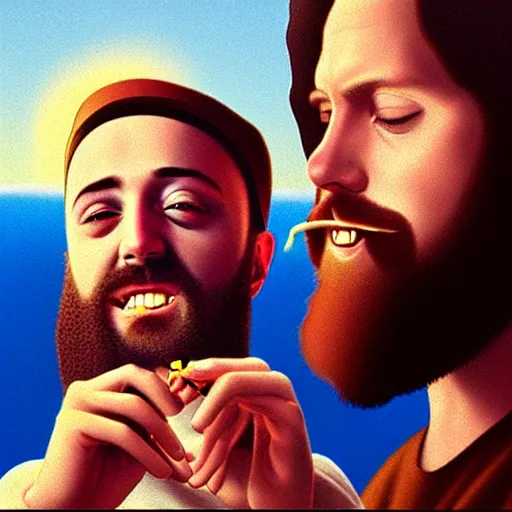 Image similar to a ultra detail picture portrait of Mac Miller and Jesus smoking a joint in heaven, 8k, photorealistic