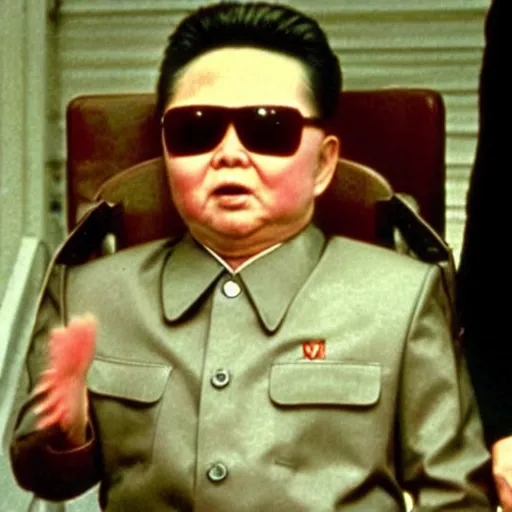 Prompt: a still of Kim Jong-il as Jason Voorhees, north Korean slasher