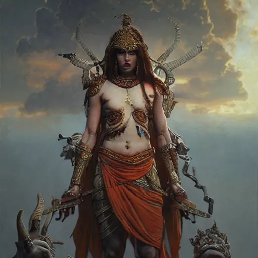 Prompt: wide portrait painting of a bloodied warrior in mahabharata goddess, ultra realistic, concept art, intricate details, eerie, highly detailed, photorealistic, octane render, 8 k, unreal engine. art by artgerm and greg rutkowski and alphonse mucha