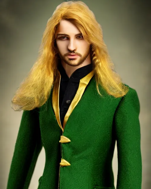 Prompt: in green coat Male fantasy character with golden long hair