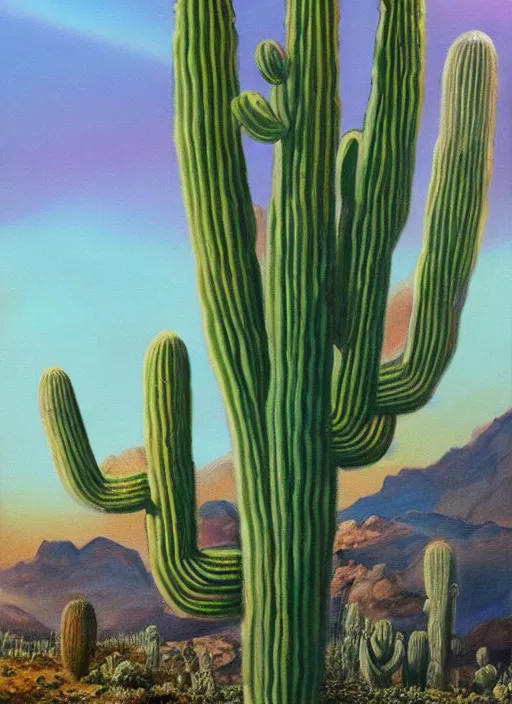 Image similar to a beautiful painting of the san pedro cactus with the face of an old indigenous man in the sky representing its spirit, fantasy art, matte painting