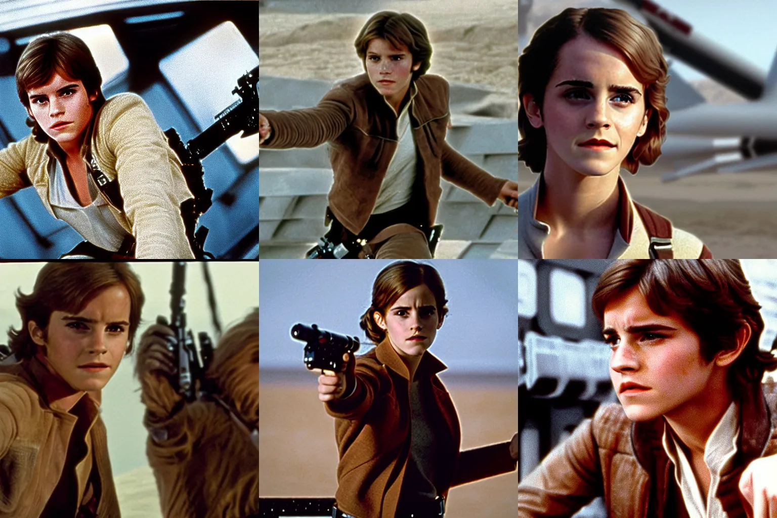 Prompt: Film still of Emma Watson as Han Solo in Star Wars (1977)