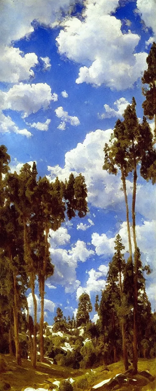 Image similar to disney backdrop of a blue sky with white couds by eugene von guerard, ivan shishkin, john singer sargent