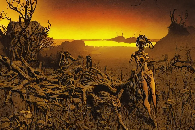 Prompt: disturbing horror zombie defeat illustration by joe fenton and syd mead and p. craig russell and barry windsor - smith, artstation, 4 k, graphic novel, concept art, matte painting, beautiful american rustic western landscape sunset background, golden hour, art nouveau