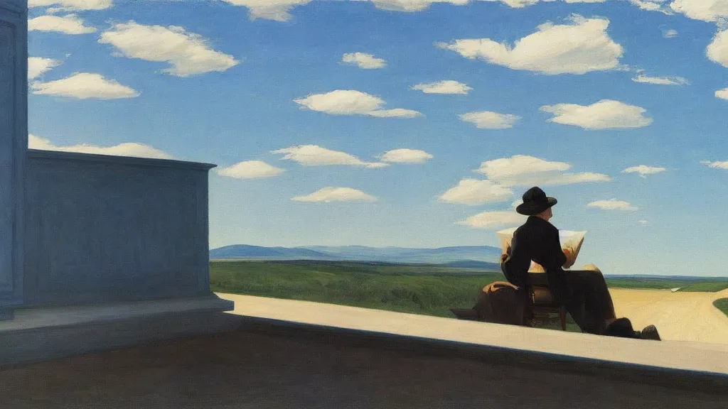 Image similar to artist painting blue sky by Edward Hopper. 8K. Extremely detailed.