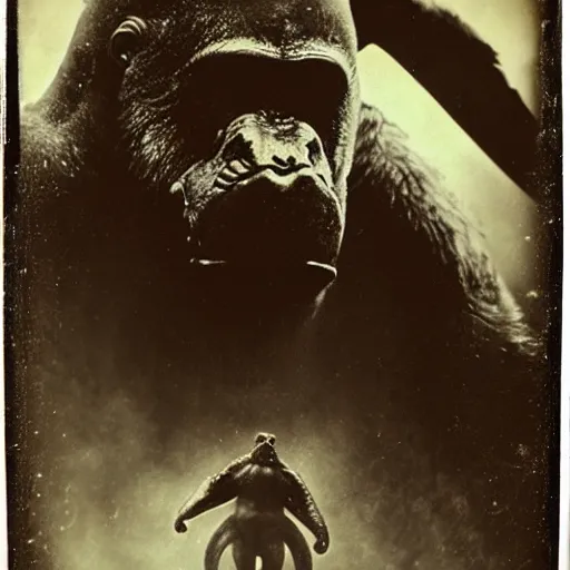 Image similar to tintype photo, underwater, King Kong and a squid