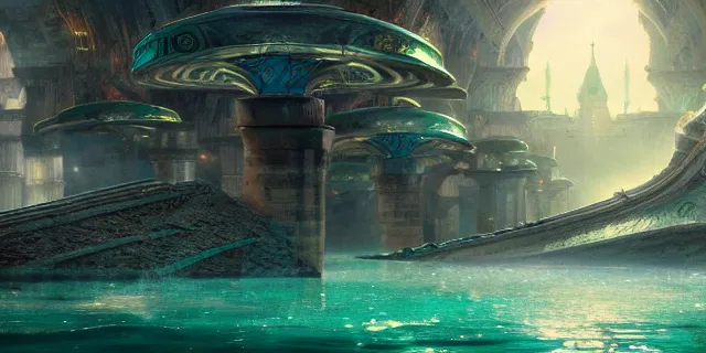 Image similar to emerald tablet, epic large underwater city, highly detailed, photorealistic, octane render, beautiful, glorious, matte painting, cinematic