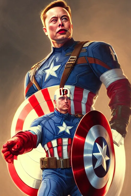 Image similar to elon musk as captain america, portrait, highly detailed, digital painting, artstation, concept art, smooth, sharp focus, illustration, cinematic lighting, art by artgerm and greg rutkowski and alphonse mucha