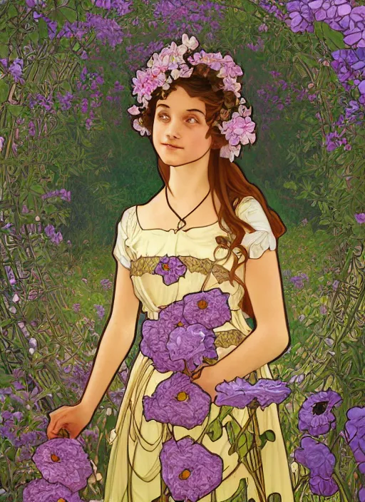 Prompt: well - lit art nouveau portrait of a 1 3 - year old girl wearing a sundress in a flower garden with lanterns at night, natural lighting, path traced, highly detailed, high quality, cartoon, digital painting, by don bluth and alphonse mucha and ross tran