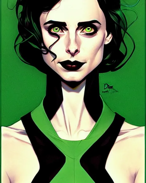 Prompt: style of Joshua Middleton comic book art, Nick Dragotta comic art, beautiful witch Krysten Ritter, symmetrical face, symmetrical eyes, scary smile, black and green eyes, full body, dark green dress