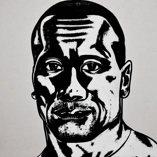 Image similar to a portrait of Dwayne Johnson, made by Andy Warhol, two tone, very high contrast, only black and white, simplistic, extremely high contrast, two tone, notan art, by Andy Warhol, minimalistic,