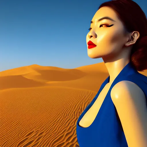 Prompt: innovative avant-garde art, deco fashion, asian women, wearing blue, highly detailed, photorealistic portrait, serene desert setting, golden hour, crisp quality and light reflections, unreal engine 5 quality render