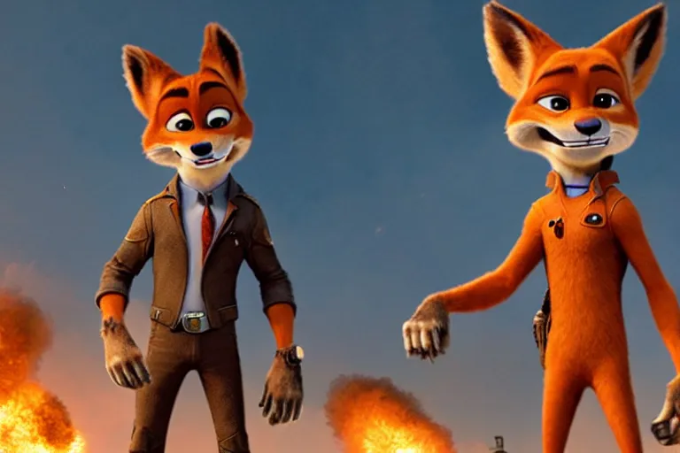 Image similar to nick wilde ( from zootopia ), heavily armed and armored facing down armageddon in a dark and gritty reboot from the makers of mad max : fury road