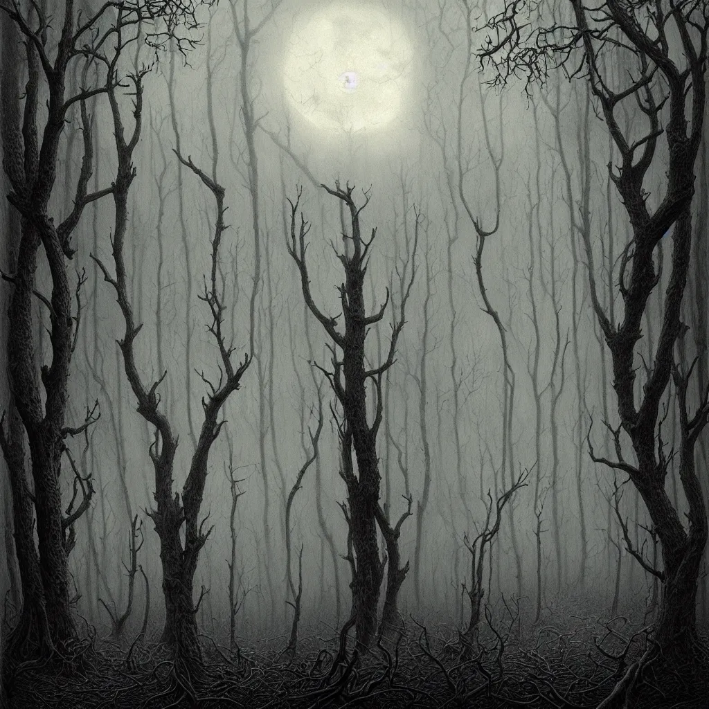 Prompt: a detailed digital painting of a forest made of old trees, old oaks, smoke, fog, realistic, tendrils, full moon, ghosts, intricate, hyper detailed, by emil melmoth, gustave dore, beksinski, 8 k
