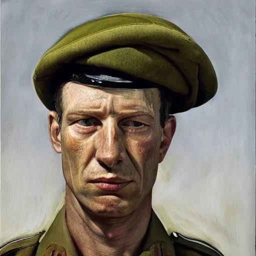 Image similar to high quality high detail painting by lucian freud, hd, exaggerated portrait of a soldier, photorealistic lighting