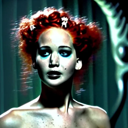Image similar to jennifer lawrence as bride of frankenstein, color photography, sharp detail, still from the movie
