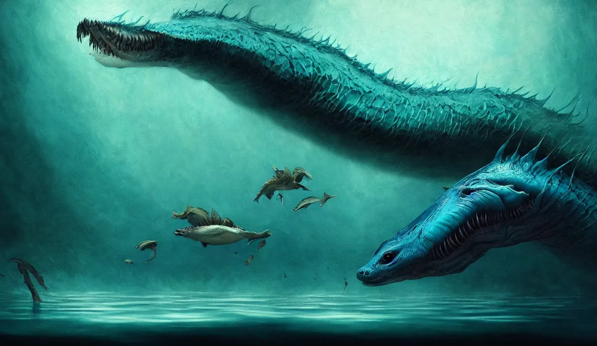 Image similar to epic professional digital art of hungry eyes, ambient teal light, painted, mysterious, closeup cinematic aquatic animal scene, eerie, mythic, detailed, intricate, grand, leesha hannigan, wayne haag, reyna rochin, ignacio fernandez rios, mark ryden, van herpen, artstation, cgsociety, epic, stunning, gorgeous, wow wow detail