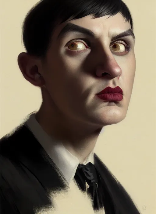 Image similar to portrait of a round faced man with a crooked nose and a confident expression, 1 9 6 0 s, black clothes, goth, punk, funk, intricate, elegant, highly detailed, digital painting, artstation, concept art, smooth, sharp focus, illustration, art by wlop, mars ravelo and greg rutkowski