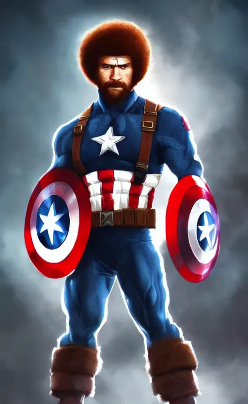 Image similar to bob ross as captain america, dynamic lighting, cinematic, ultra detailed, trending on art station, stunning visuals, creative, fantasy concept art