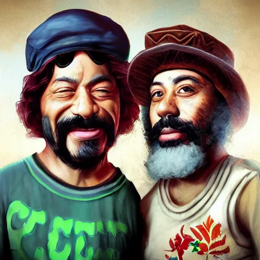 Image similar to portrait of cheech and chong, concept art, artstation, highly detailed, smoke background,