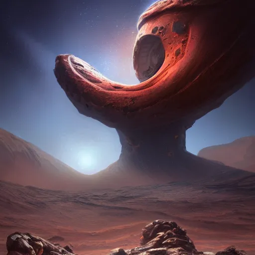 Image similar to Epic portrait Alien civilization on mars getting hit by mars moon phobos, explosions, debris, steam, digital painting, artstation, concept art, soft light, hdri, smooth, sharp focus, illustration, fantasy, intricate, elegant, highly detailed, D&D, matte painting, in the style of Greg Rutkowski and Alphonse Mucha and artemisia, 8k, highly detailed, jurgens, rutkowski, bouguereau, pastoral, rustic, georgic