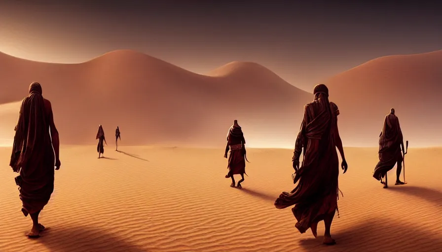 Prompt: desert people walk through the desert,, dunes, fine details, digital art,, cinematic light, photorealistic, by greg rutkowski, by stephan koldi, 4 k,