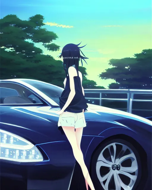 Prompt: a ultradetailed beautiful painting of a stylish woman driving a car, by makoto shinkai, trending on artstation