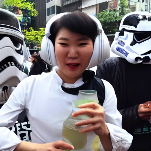 Image similar to storm trooper drinking soju at a street vendor in seoul