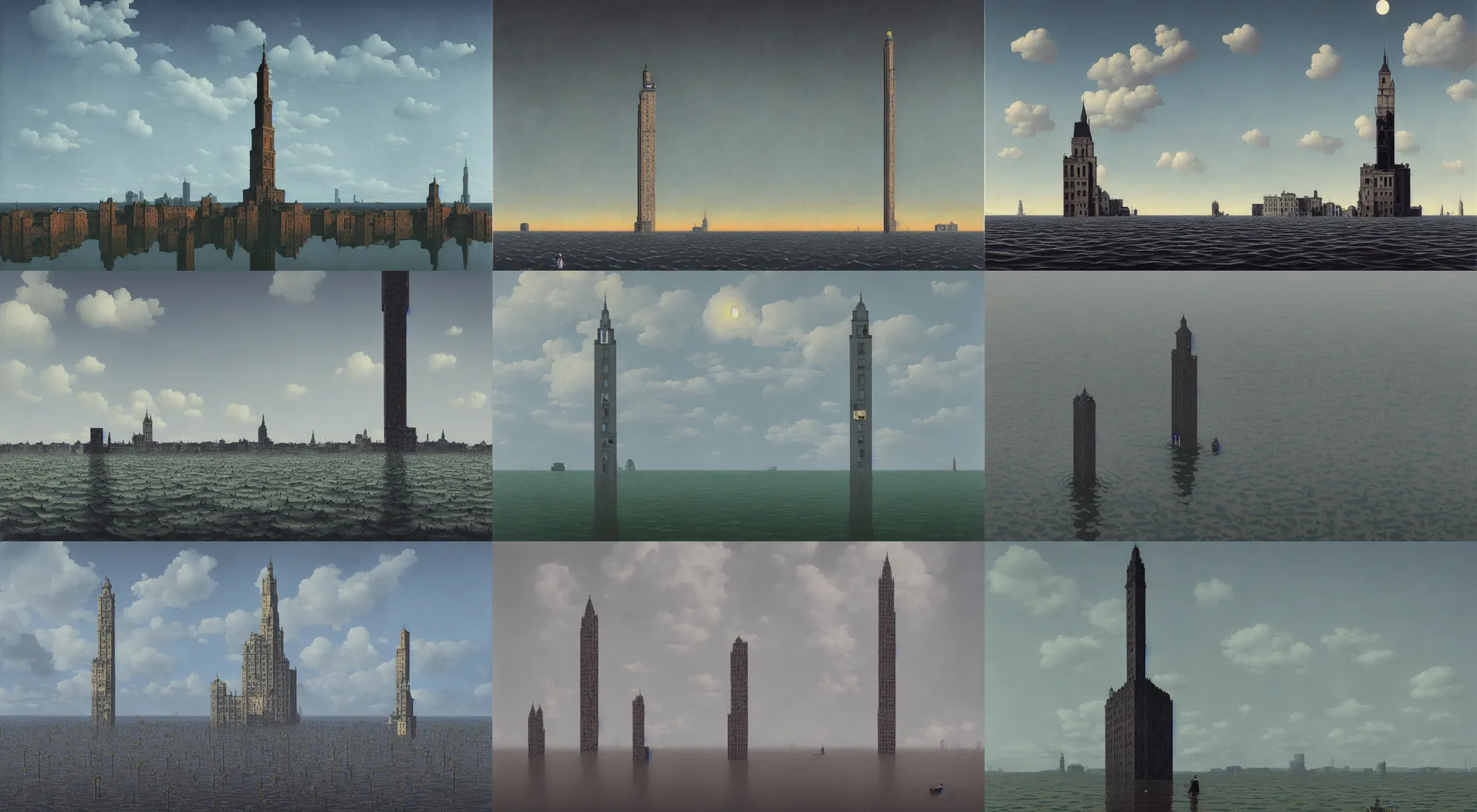 Prompt: a high contrast!!! painting of a minimalist flooded ultradetailed photorealistic single tower by rene magritte simon stalenhag canaletto, full-length view, vibrant colors, symmetry, great composition, high detail, cinematic lighting, award winning masterpiece, trending on artstation