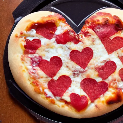 Image similar to heart shaped magerhita pizza with alot of cheese, 4 - 5 cherry tomata served on a wooden plate