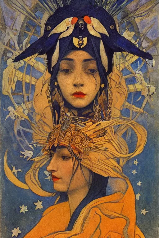 Prompt: queen of the crows with stars in her hair by Nicholas Roerich and Annie Swynnerton and Diego Rivera and jean delville and Carl Larsson, dramatic cinematic lighting , silver jewelry, ornate headdress, flowing robes, sacred artifacts, lost civilizations, smooth, sharp focus, extremely detailed