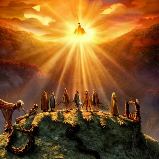 Prompt: claymation fellowship of the ring movie poster, highly detailed, tilt shift, incredibly detailed, hyperrealism, highly textured, award winning god rays