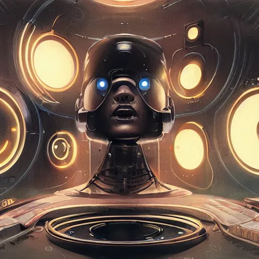 Image similar to detailed face of a synthetic sentient super - intelligent woman being powered on and nixie tube eyes warming up, warm space, cool skydome, fresh atmosphere, syd mead, livia prima, artgerm, greg rutkowski, pj crook, nick alm, casey baugh