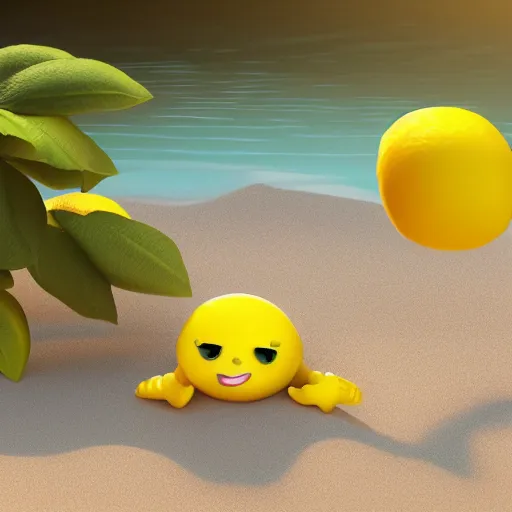 Prompt: a super cute cartoon network lemon character, it's is relaxing on a beach, by dalle - 2, octane render, 3 d, volumetric lightening,