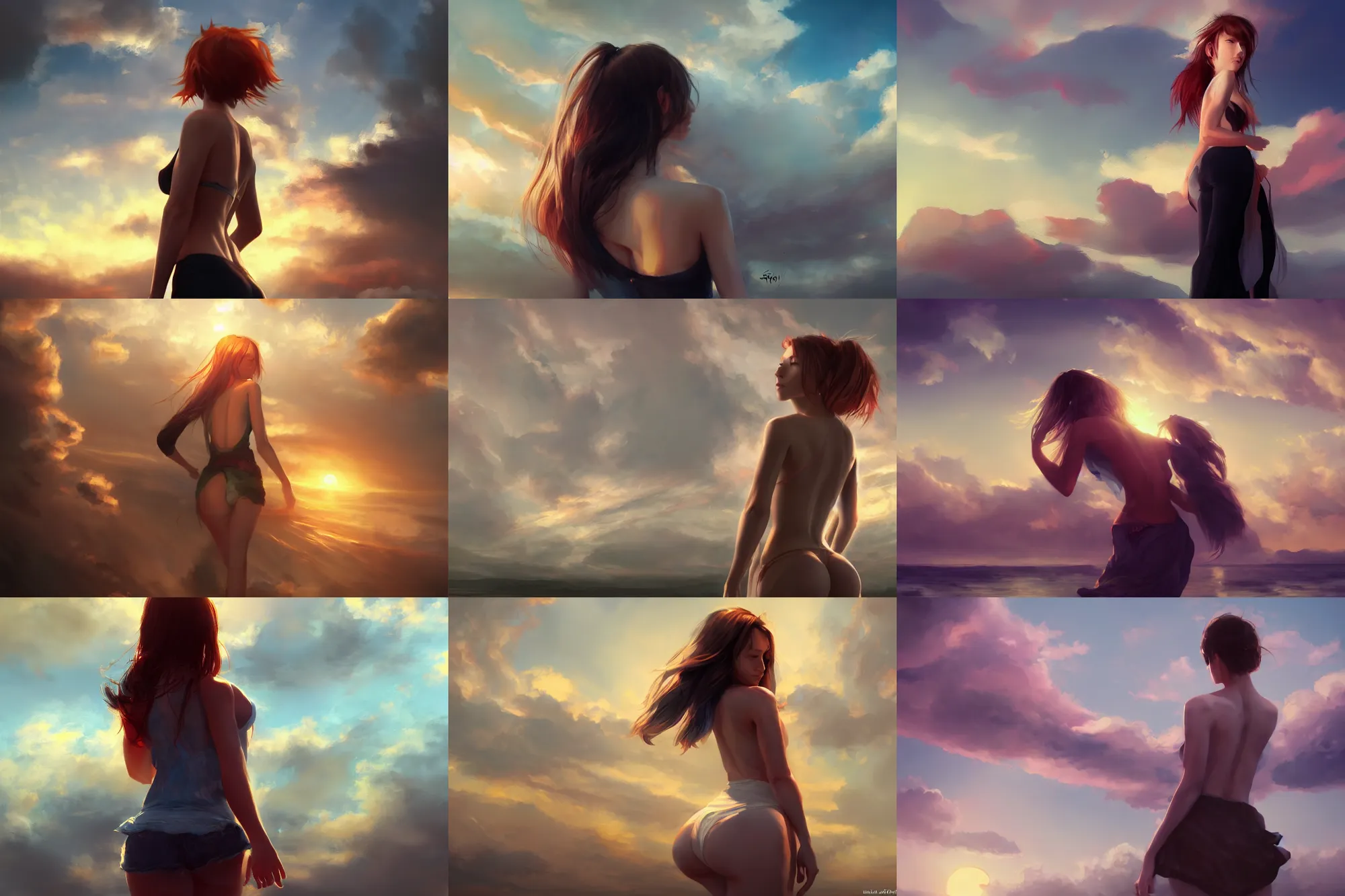 Prompt: back shot of one single beautiful girl, digital art by wlop. artstation contest winner, cinematic paint. detailed anatomy lower shot. dramatic cloud in background. sunset